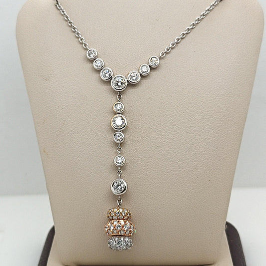 DANGLING TRI GOLD DIAMOND PENDANT ON AN 18KT WHITE GOLD DIAMOND NECKLACE