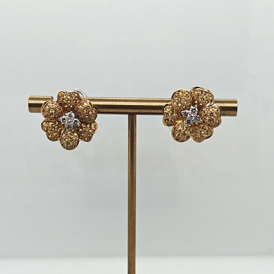 YELLOW SAPPHIRE AND DIAMOND FLOWER EARRINGS TWO TONE GOLD