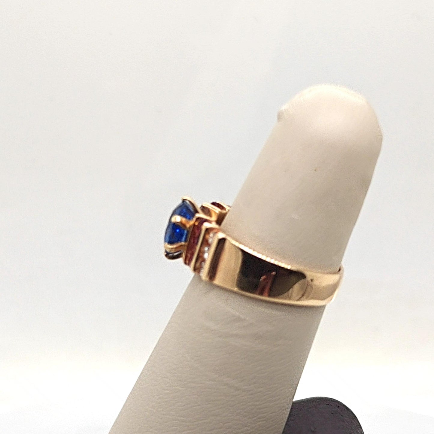 SAPPHIRE RUBY AND DIAMOND RETRO RING YELLOW GOLD