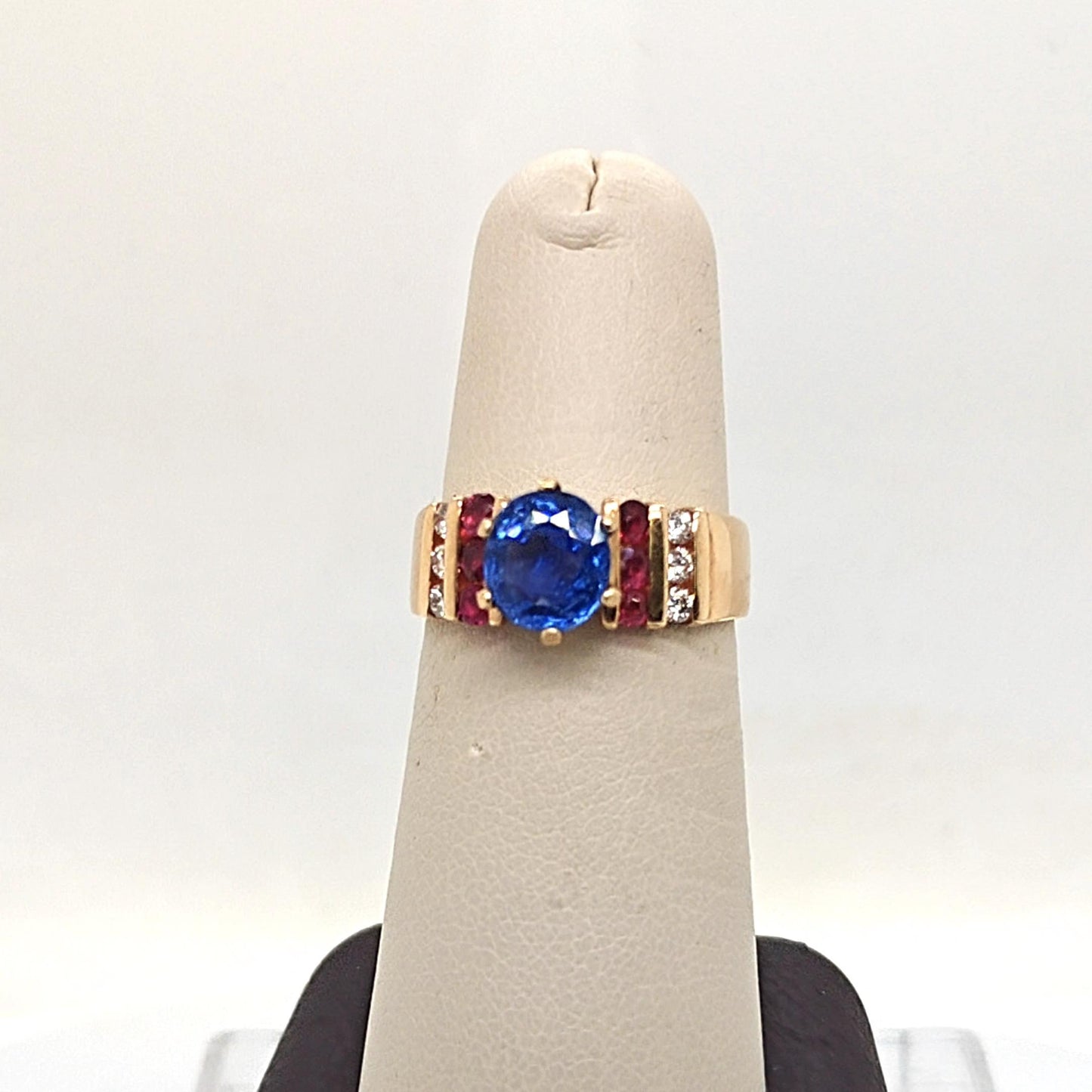 SAPPHIRE RUBY AND DIAMOND RETRO RING YELLOW GOLD