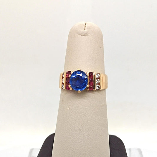 SAPPHIRE RUBY AND DIAMOND RETRO RING YELLOW GOLD