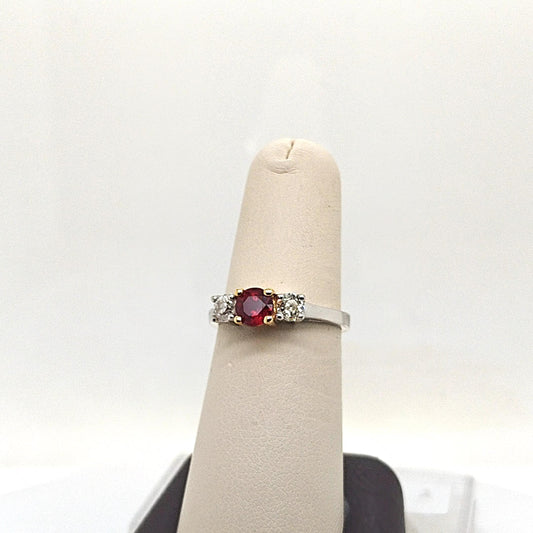 RUBY AND DIAMOND 3 STONE RING PLATINUM AND YELLOW GOLD
