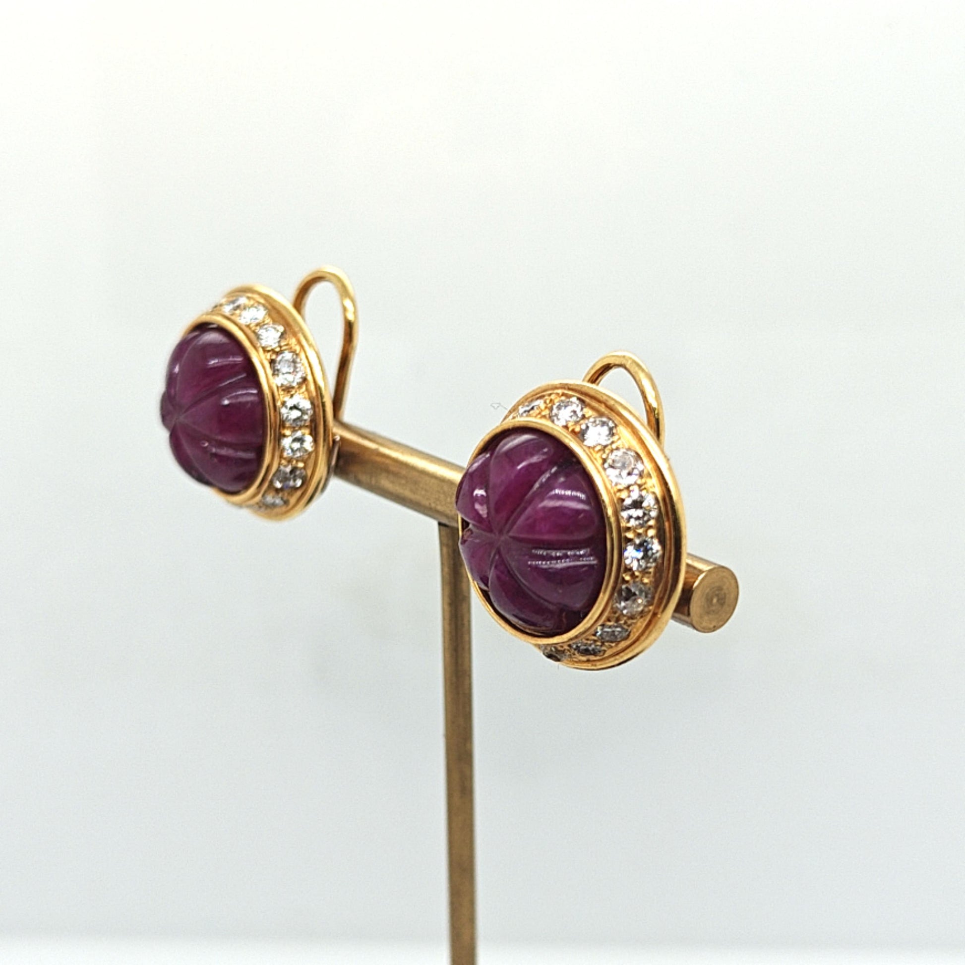CURVED RUBY AND DIAMOND CLIP ON EARRINGS YELLOW GOLD