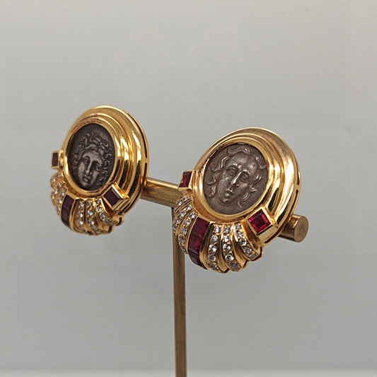 DIAMOND AND RUBY ROMAN COIN EARRINGS CLIP ON YELLOW GOLD