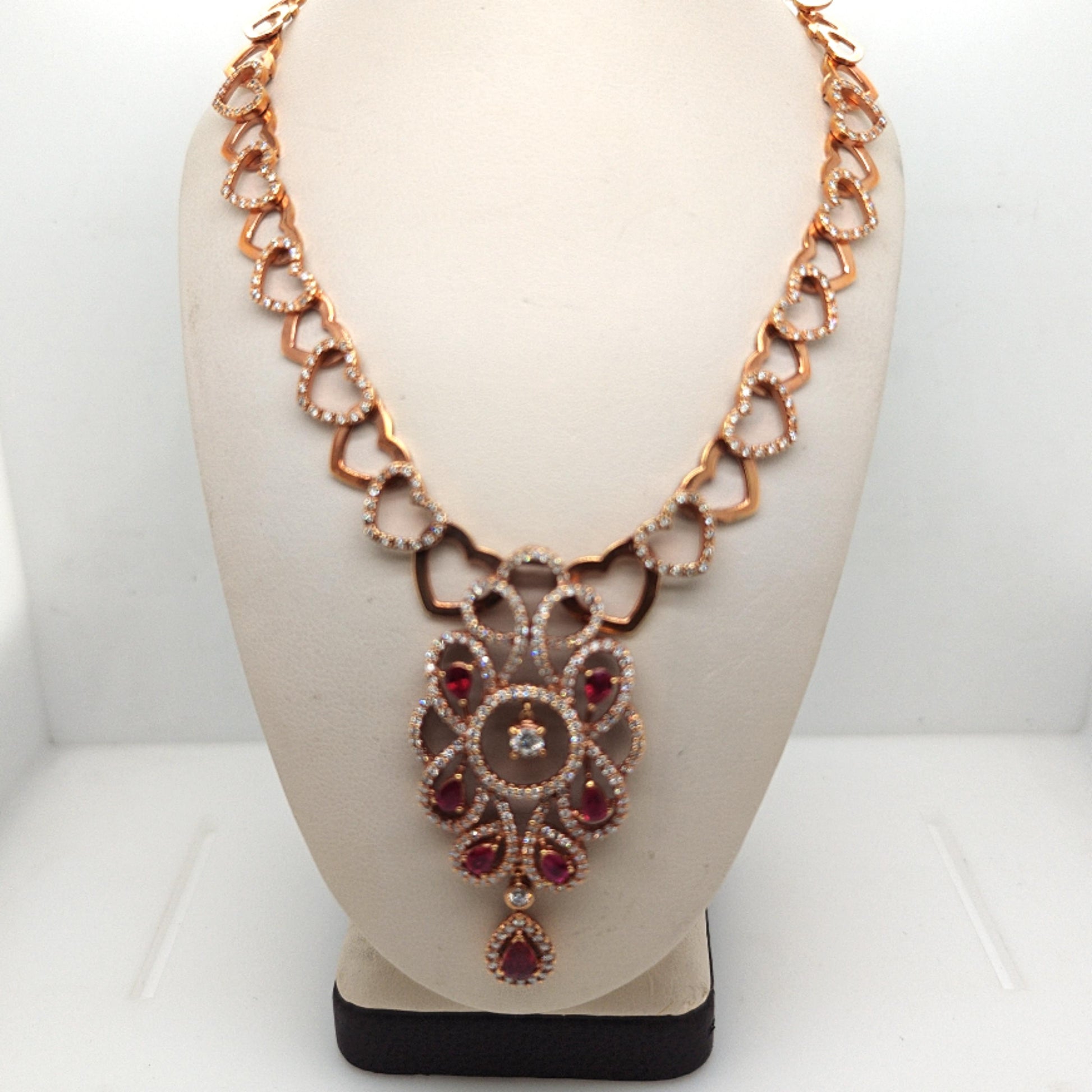 DIAMOND AND RUBY NECKLACE ROSE GOLD HEARTS