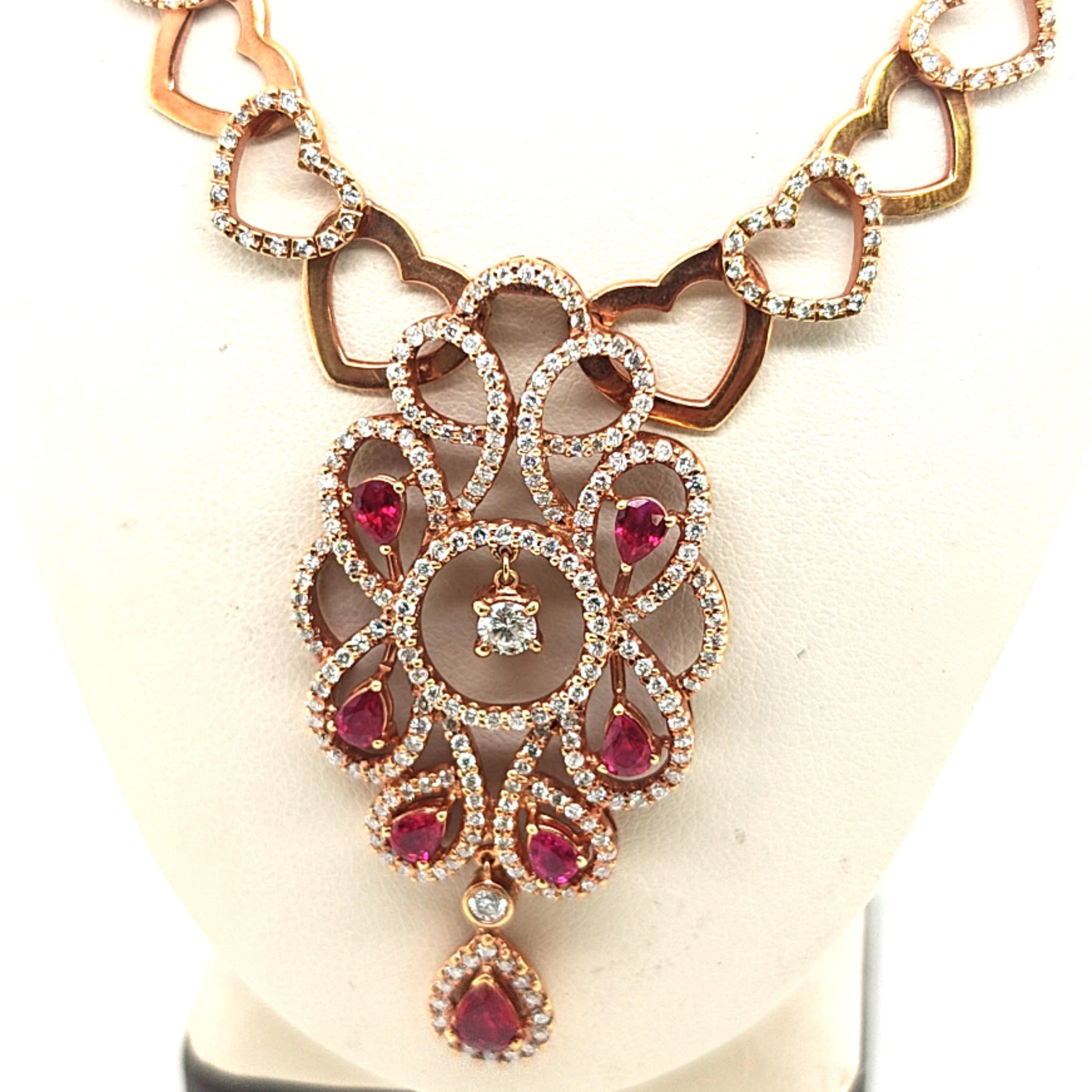 DIAMOND AND RUBY NECKLACE ROSE GOLD HEARTS