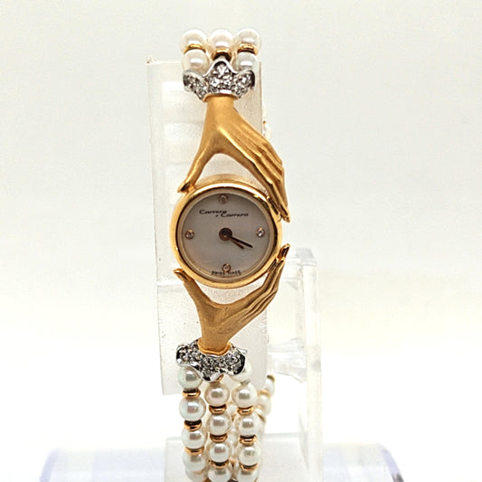 CARRERA Y CARRERA LADIES PEARL AND DIAMOND WATCH YELLOW GOLD VINTAGE