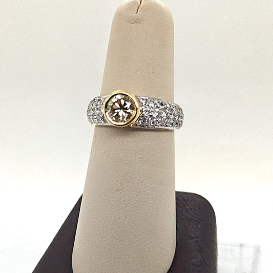 YELLOW DIAMOND 1.05CT RING WITH PAVE SIDE DIAMONDS 1.61CT TWO TONE GOLD