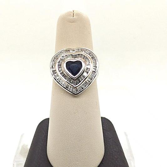 DIAMOND RING HEART SHAPE SAPPHIRE AND BAGUETTE WHITE GOLD