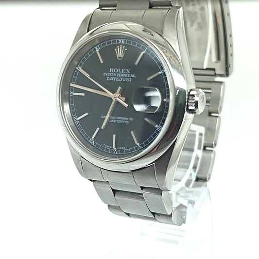 ROLEX DATEJUST BLACK STICK DIAL 36MM OYSTER SMOOTH BEZEL