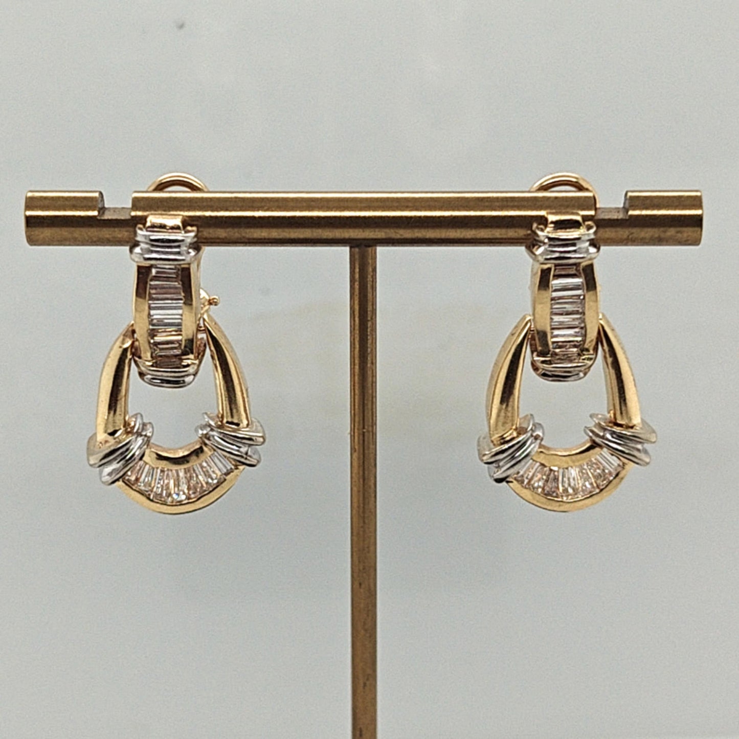 BAGUETTE DANGLE EARRINGS 1.25CTW TWO TONE GOLD