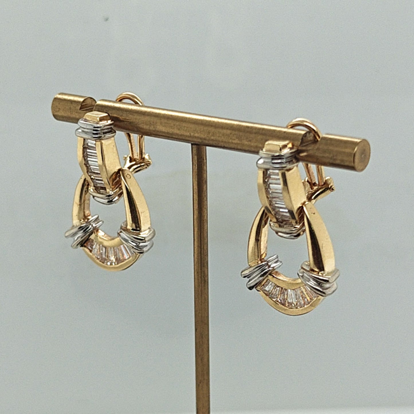 BAGUETTE DANGLE EARRINGS 1.25CTW TWO TONE GOLD