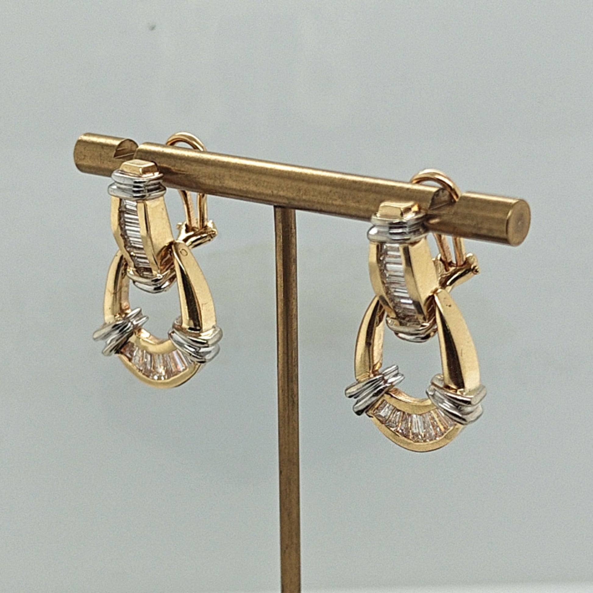 BAGUETTE DANGLE EARRINGS 1.25CTW TWO TONE GOLD