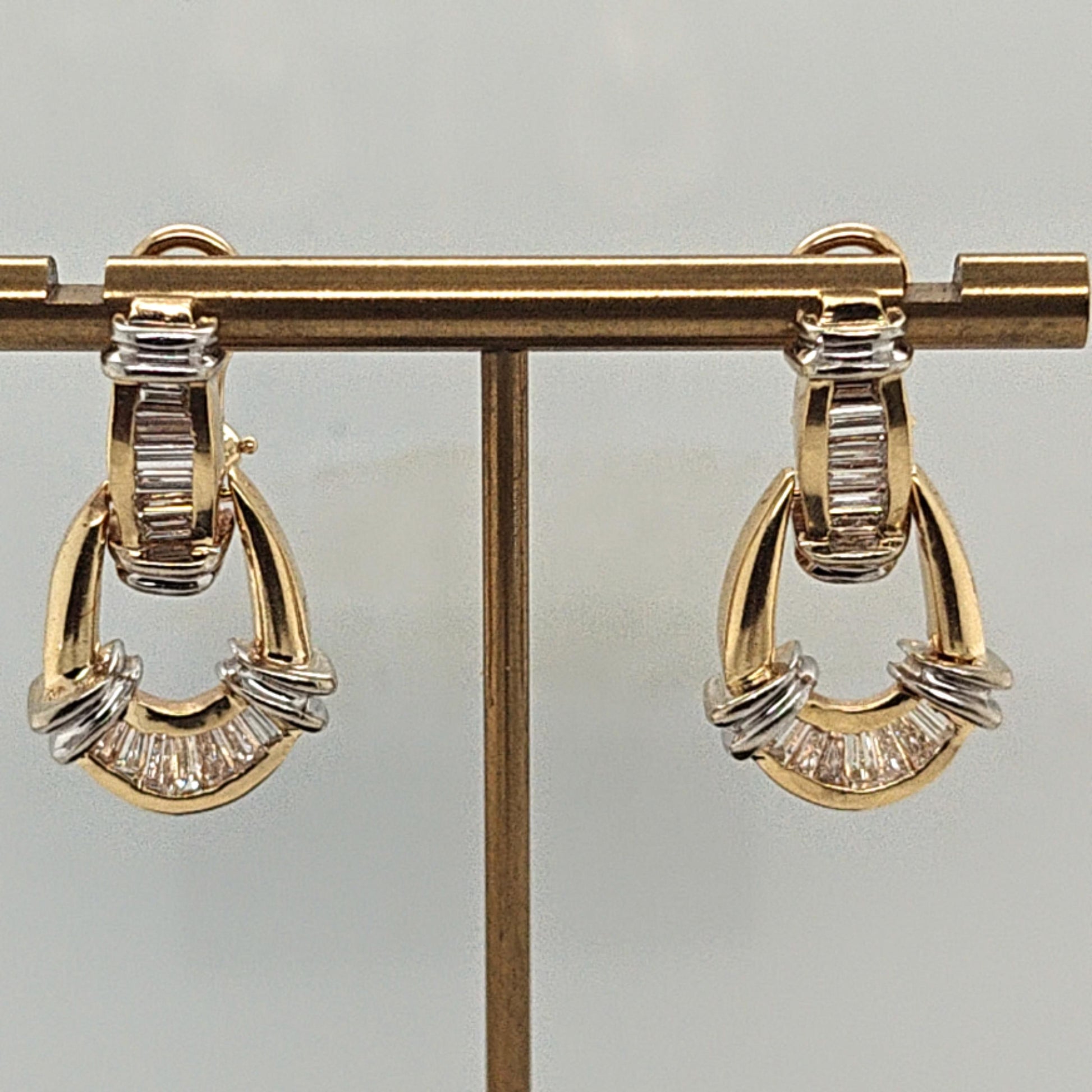 BAGUETTE DANGLE EARRINGS 1.25CTW TWO TONE GOLD