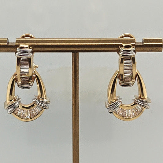 BAGUETTE DANGLE EARRINGS 1.25CTW TWO TONE GOLD