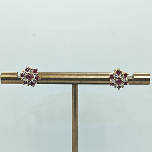 DIAMOND AND RUBY CLUSTER EARRINGS YELLOW GOLD