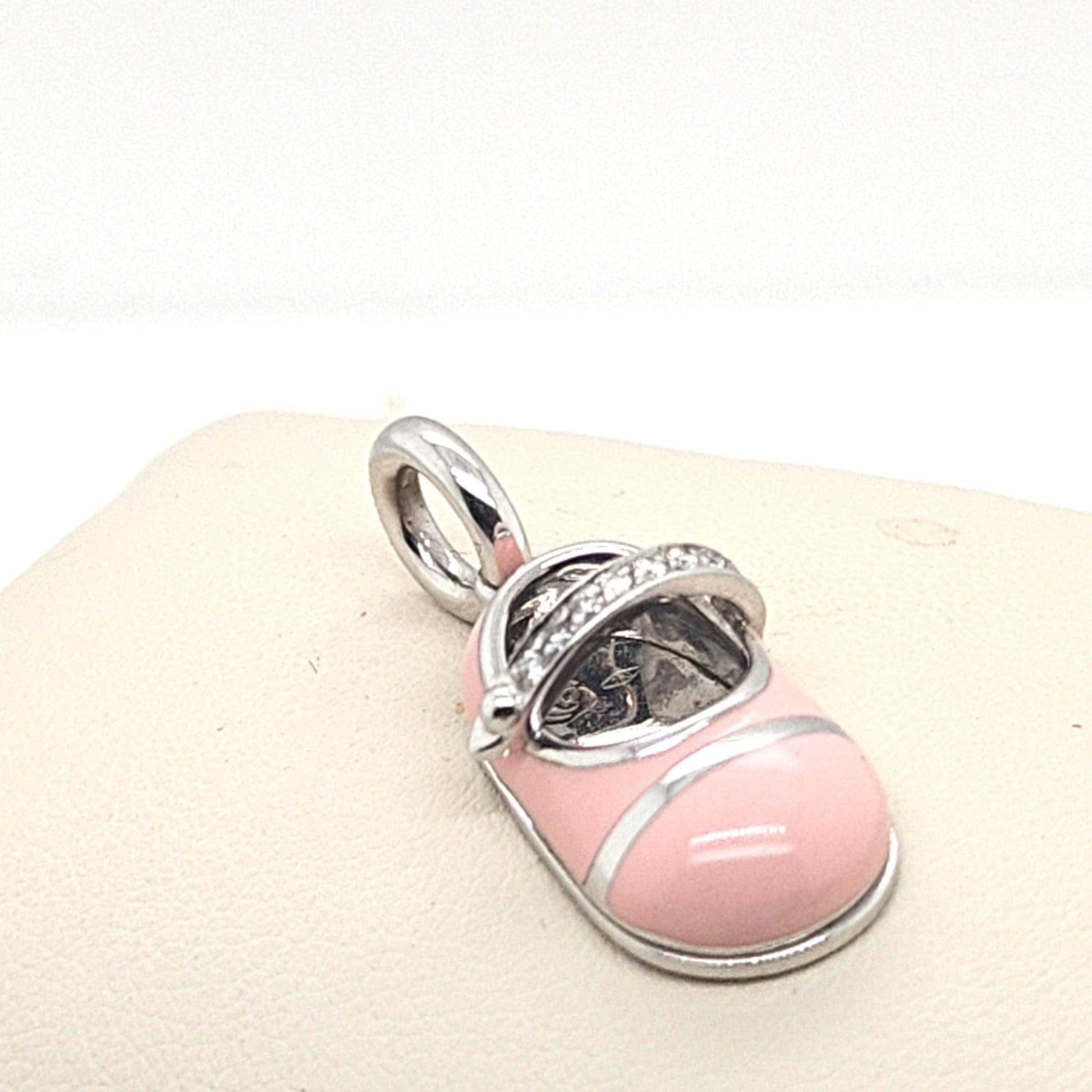 AARON BASHA PINK ENAMEL BABY SHOE PENDANT DIAMOND WHITE GOLD