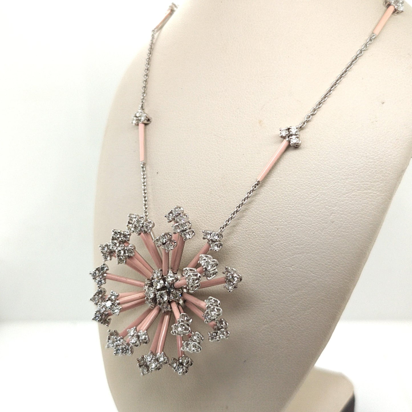 DIAMOND AND PINK ENAMEL STAURINO SNOWFLAKE 3.06CTW NECKLACE WHITE GOLD