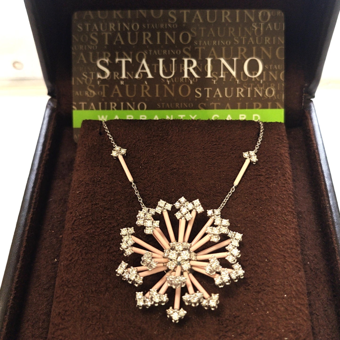 DIAMOND AND PINK ENAMEL STAURINO SNOWFLAKE 3.06CTW NECKLACE WHITE GOLD