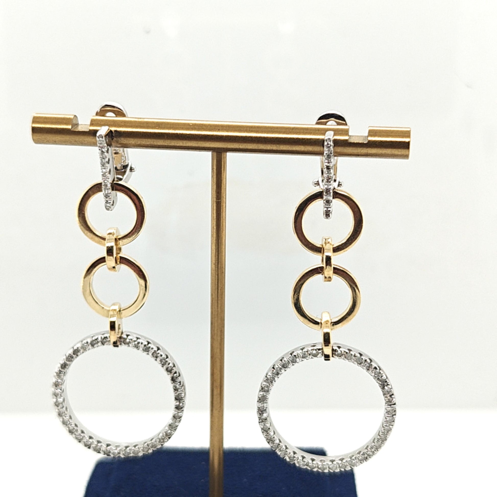 DIAMOND DANGLE EARRINGS CIRCLES TWO TONE GOLD