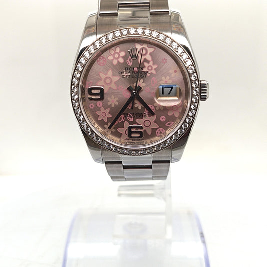 ROLEX DATEJUST PINK FLORAL MOTIF DIAMOND BEZEL OYSTER STEEL 36MM