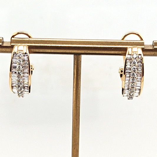 DIAMOND HALF HOOP DANGLE EARRINGS 2.40CTW ROUND AND BAGUETTE YELLOW GOLD