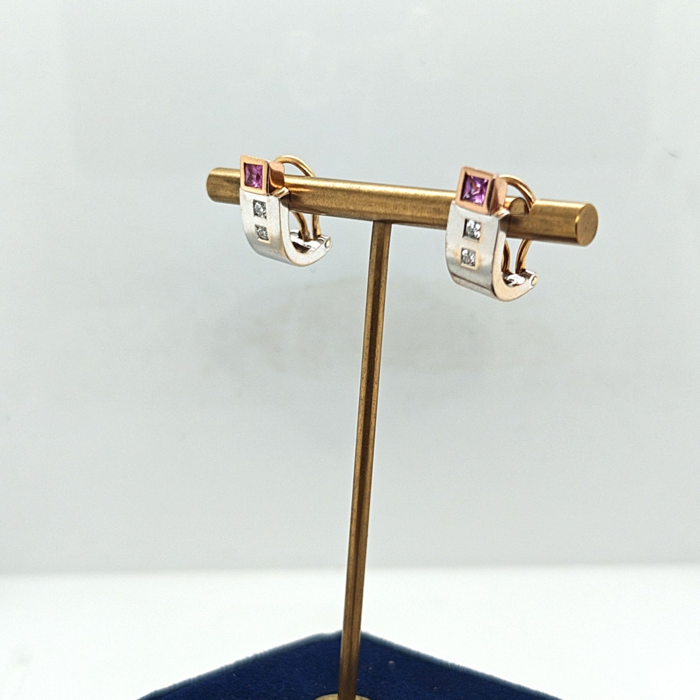 DIAMOND AND PINK SAPPHIRE EARRINGS TWO TONE ROSE GOLD