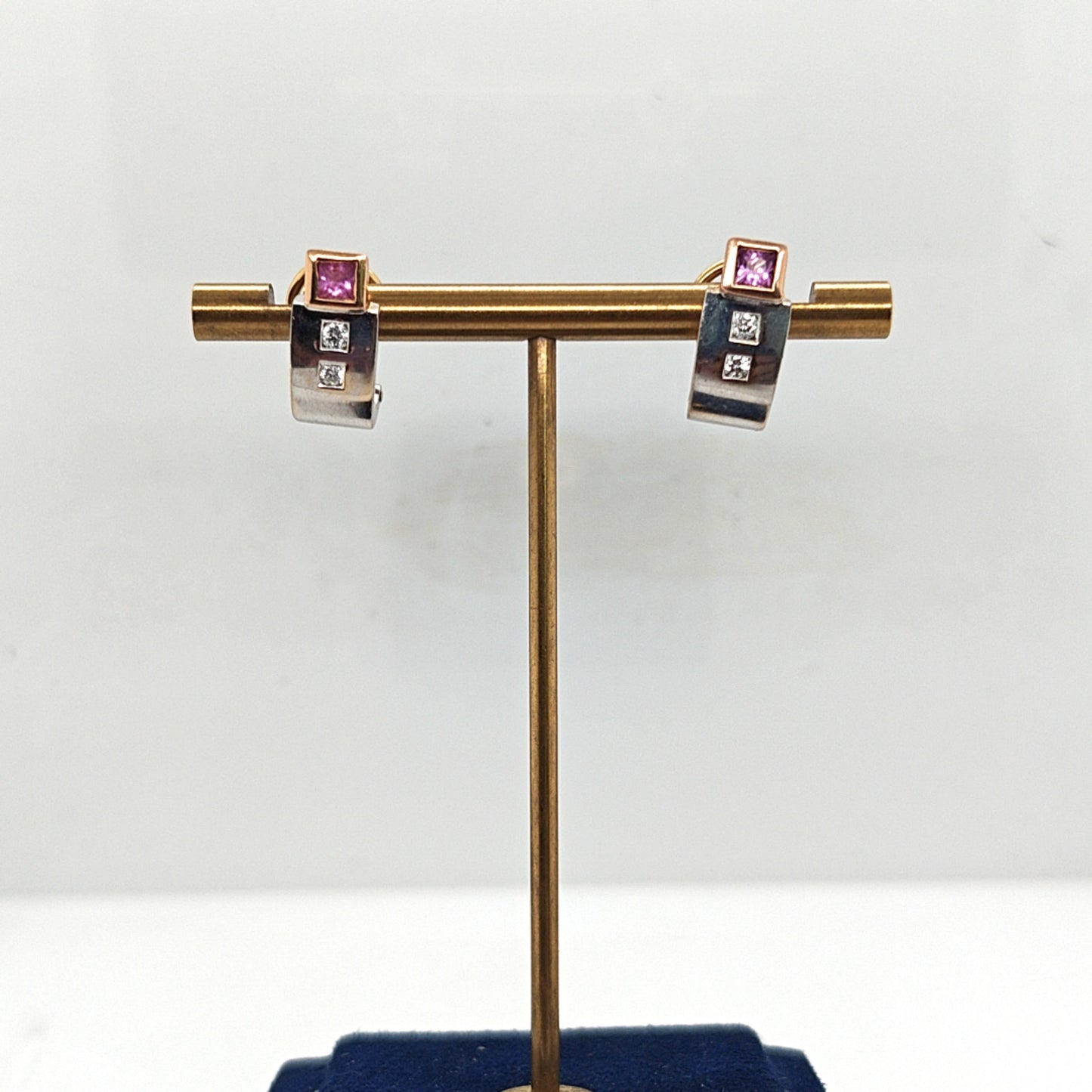 DIAMOND AND PINK SAPPHIRE EARRINGS TWO TONE ROSE GOLD