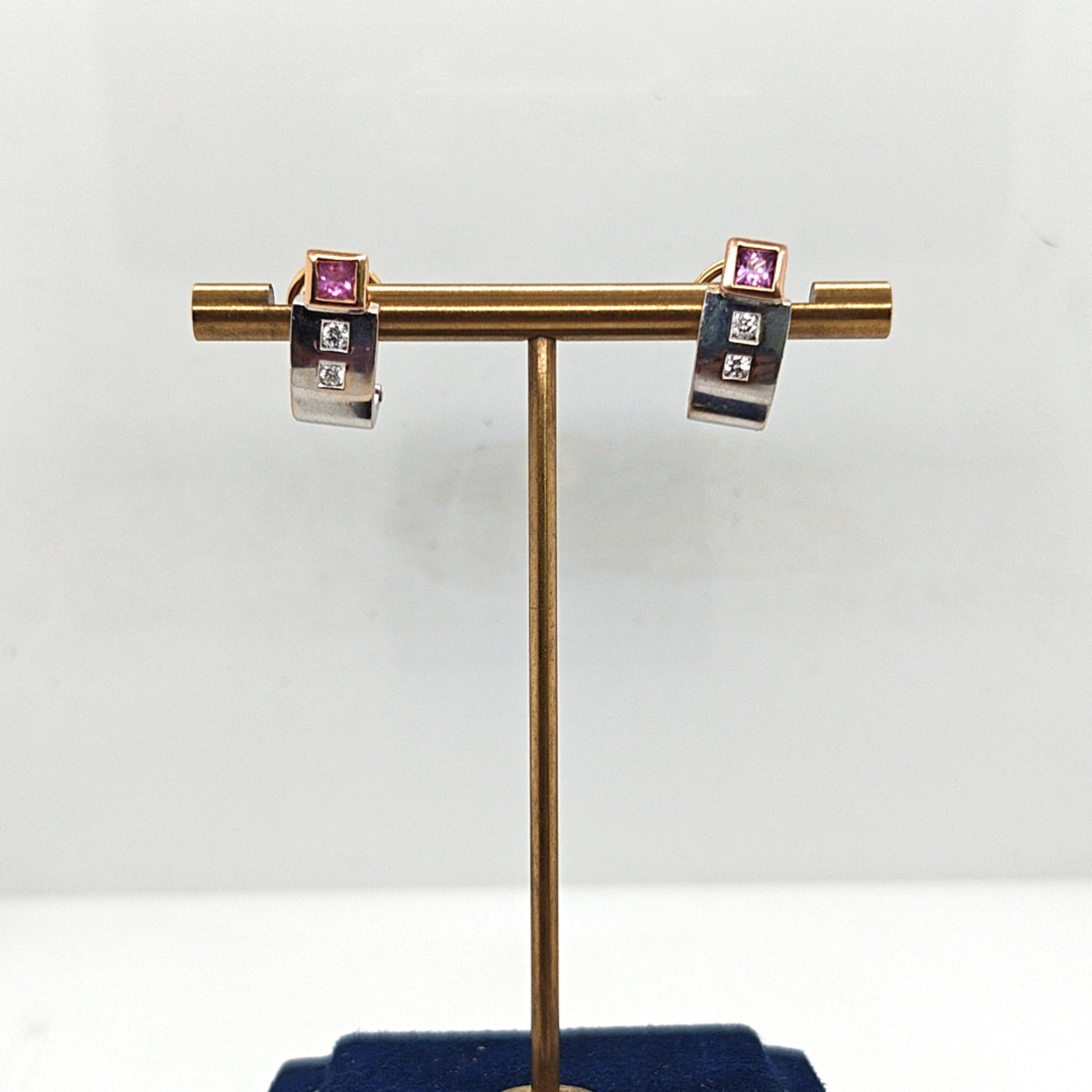 DIAMOND AND PINK SAPPHIRE EARRINGS TWO TONE ROSE GOLD