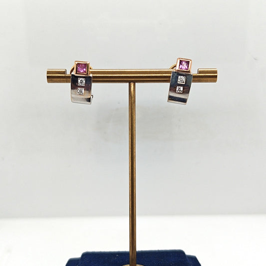 DIAMOND AND PINK SAPPHIRE EARRINGS TWO TONE ROSE GOLD