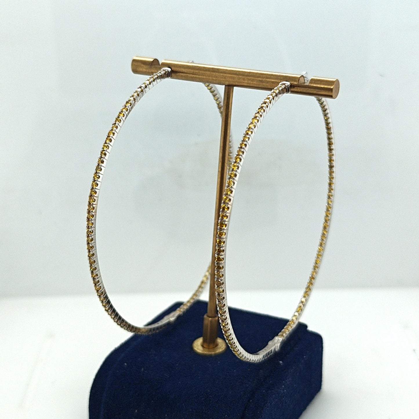 HOOP EARRINGS LARGE 3" YELLOW SAPPHIRE INSIDE OUT WHITE GOLD