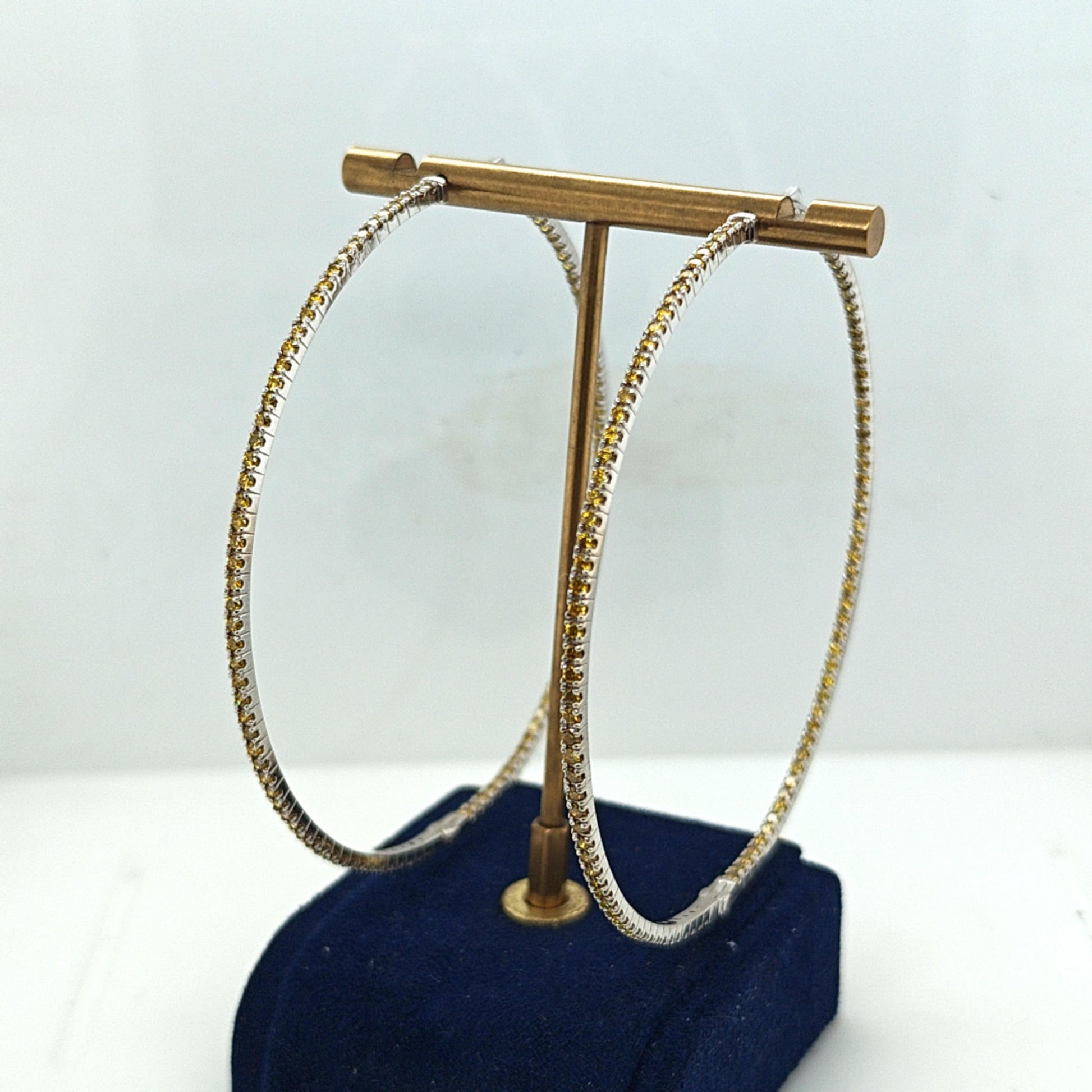 HOOP EARRINGS LARGE 3" YELLOW SAPPHIRE INSIDE OUT WHITE GOLD