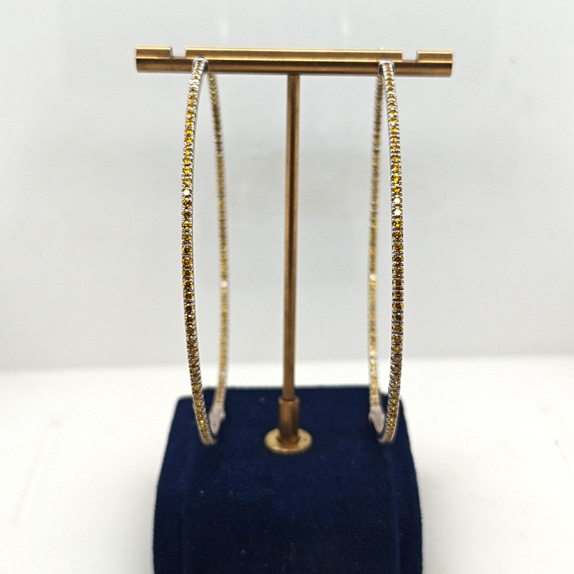 HOOP EARRINGS LARGE 3" YELLOW SAPPHIRE INSIDE OUT WHITE GOLD