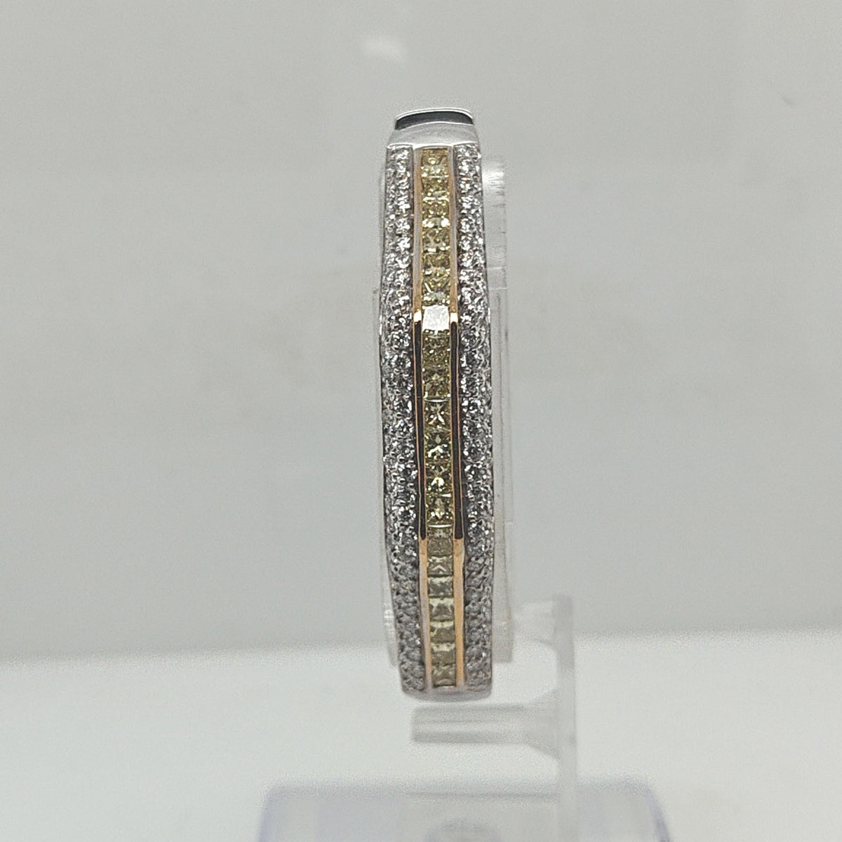 HEAVY DIAMOND BANGLE FANCY YELLOW AND WHITE DIAMONDS 6.70CTW WHITE GOLD