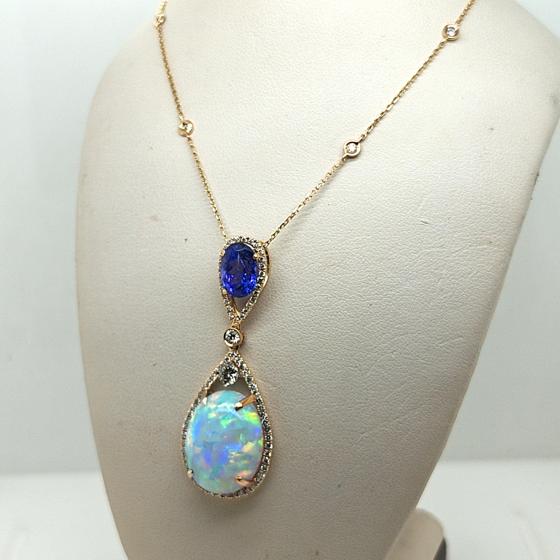 OPAL TANZANITE AND DIAMOND PENDANT NECKLACE YELLOW GOLD