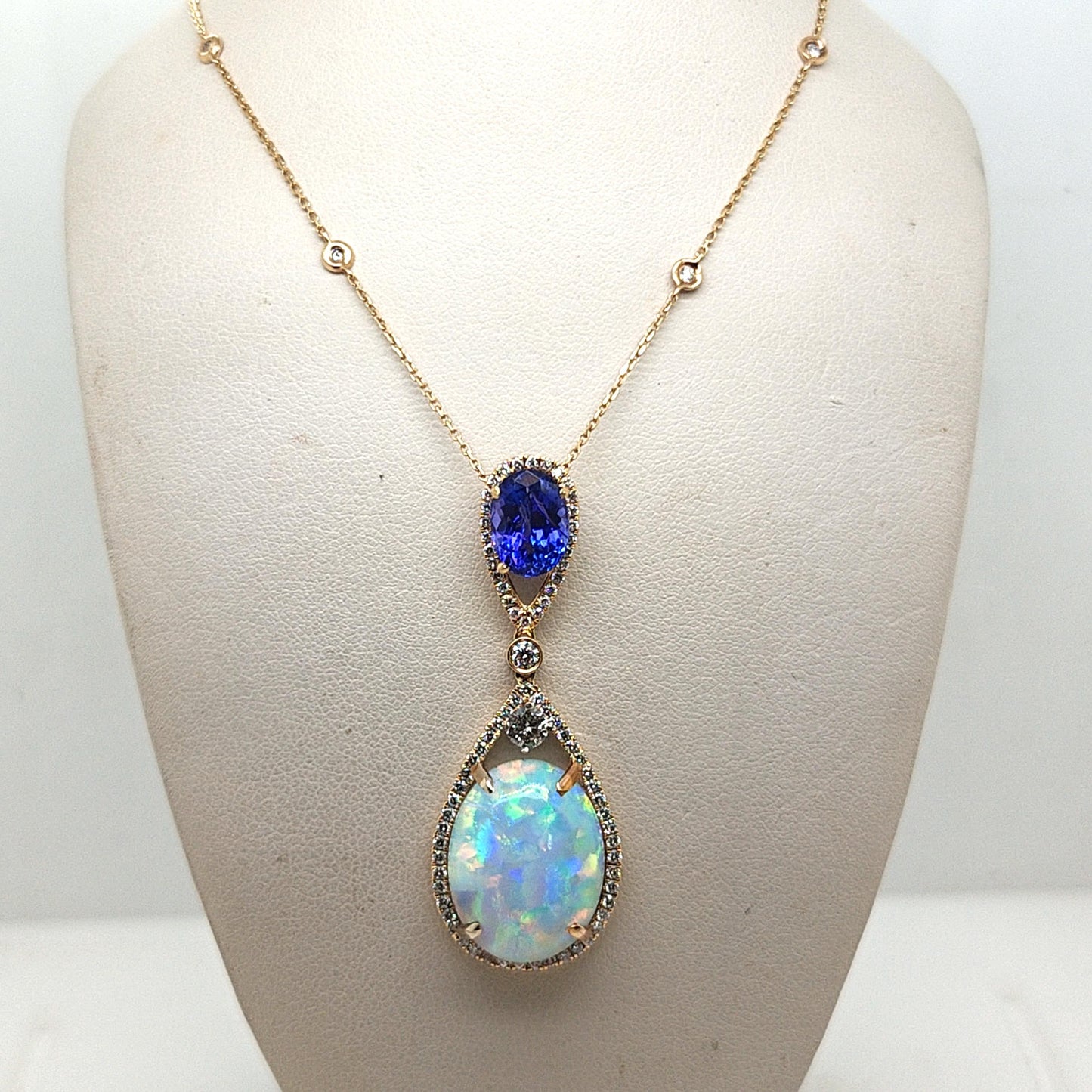 OPAL TANZANITE AND DIAMOND PENDANT NECKLACE YELLOW GOLD