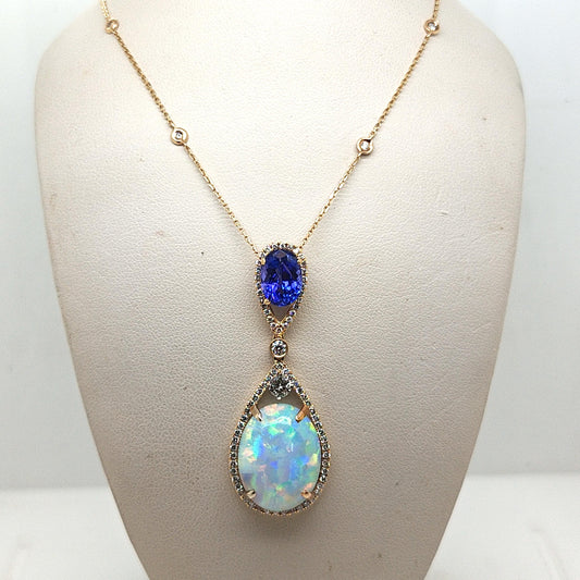 OPAL TANZANITE AND DIAMOND PENDANT NECKLACE YELLOW GOLD