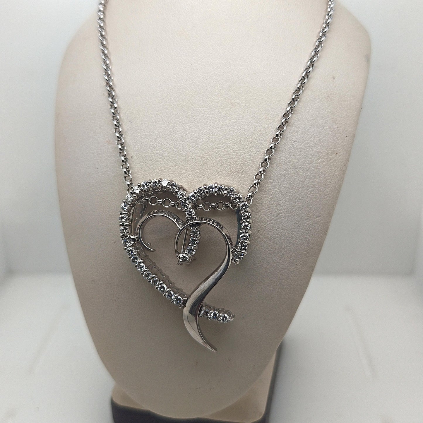 LARGE DIAMOND HEART SHAPE BROOCH PENDANT NECKLACE 2.56CTW WHITE GOLD