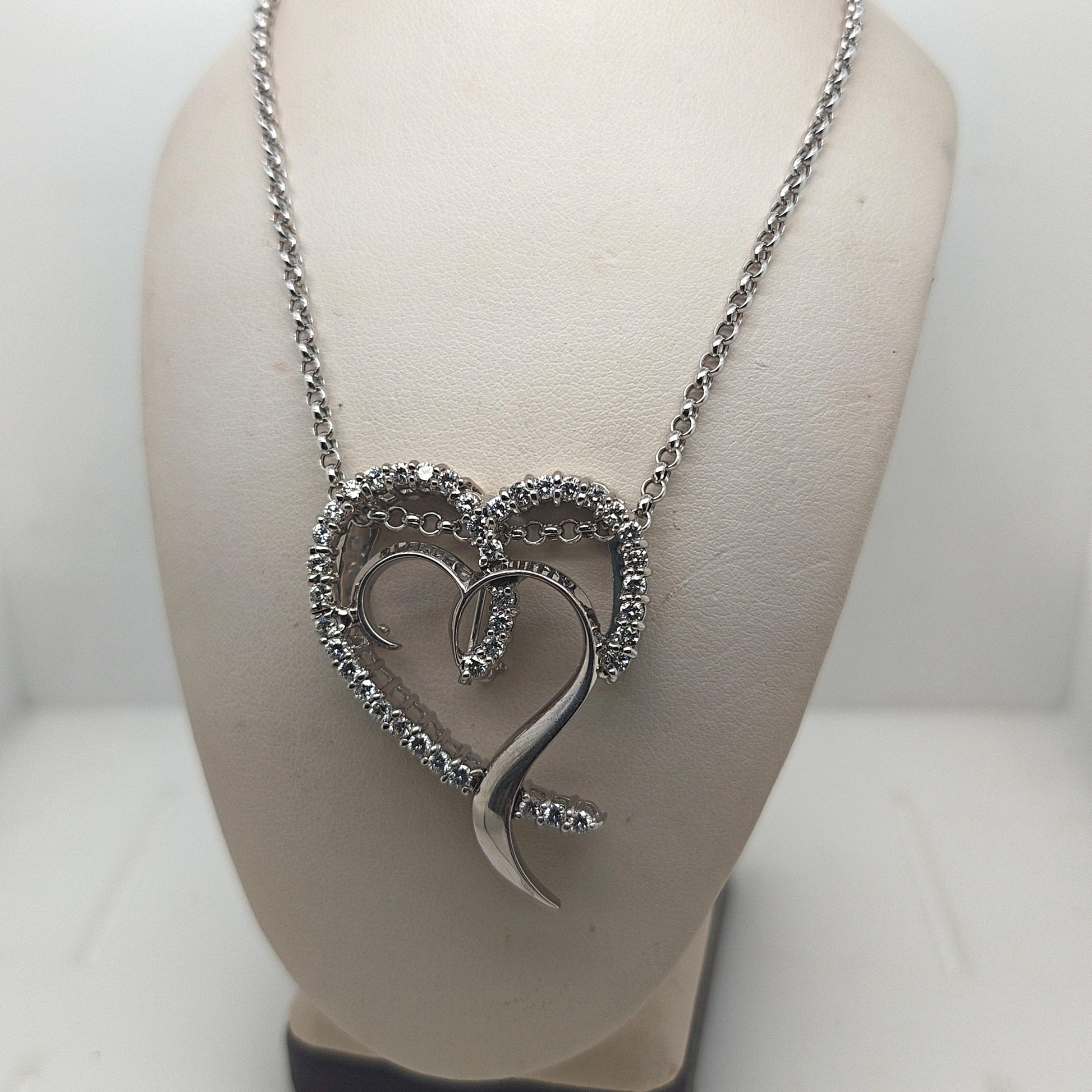 LARGE DIAMOND HEART SHAPE BROOCH PENDANT NECKLACE 2.56CTW WHITE GOLD