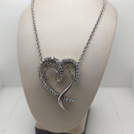 LARGE DIAMOND HEART SHAPE BROOCH PENDANT NECKLACE 2.56CTW WHITE GOLD
