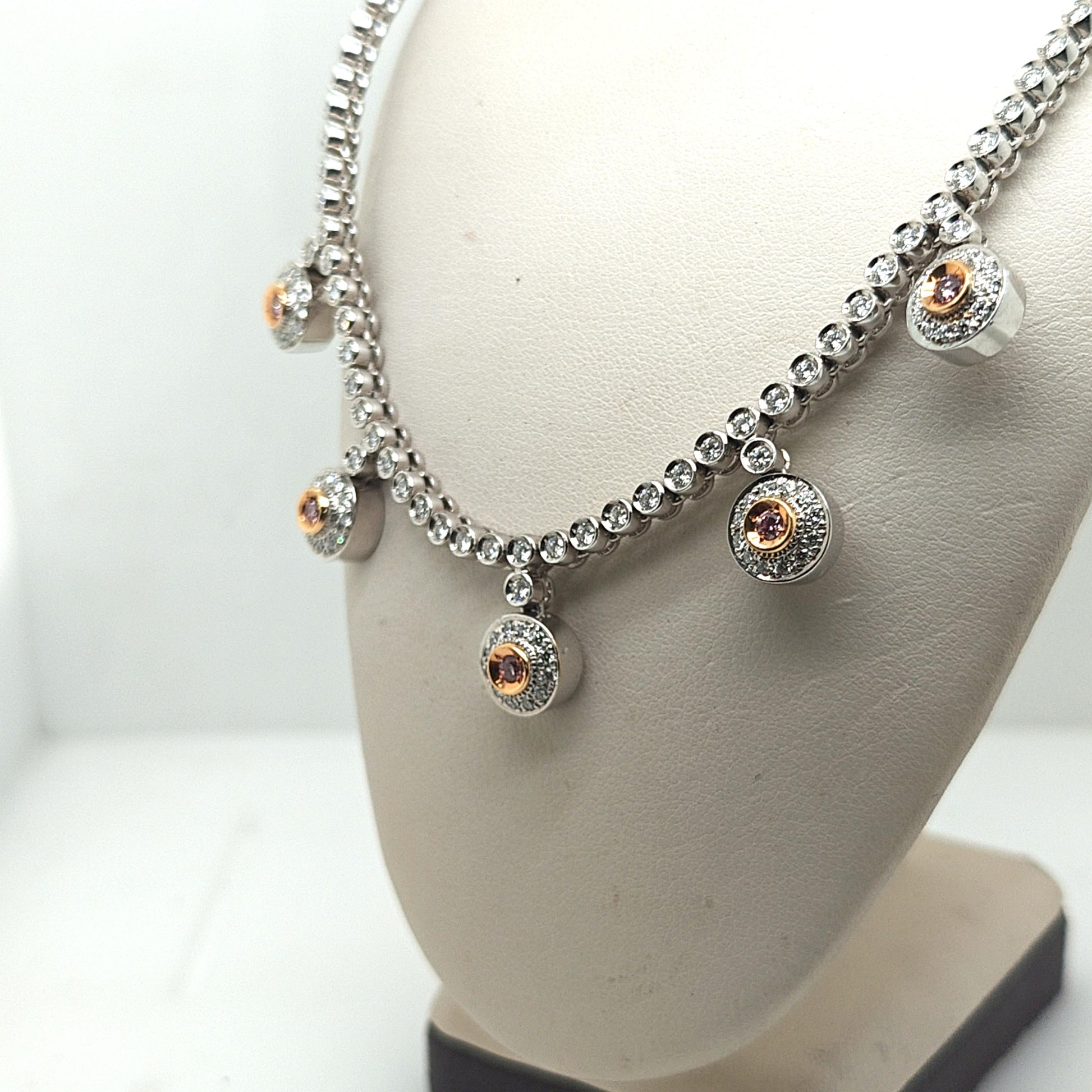 DIAMOND HALO DROP NECKLACE WITH PINK DIAMONDS WHITE GOLD