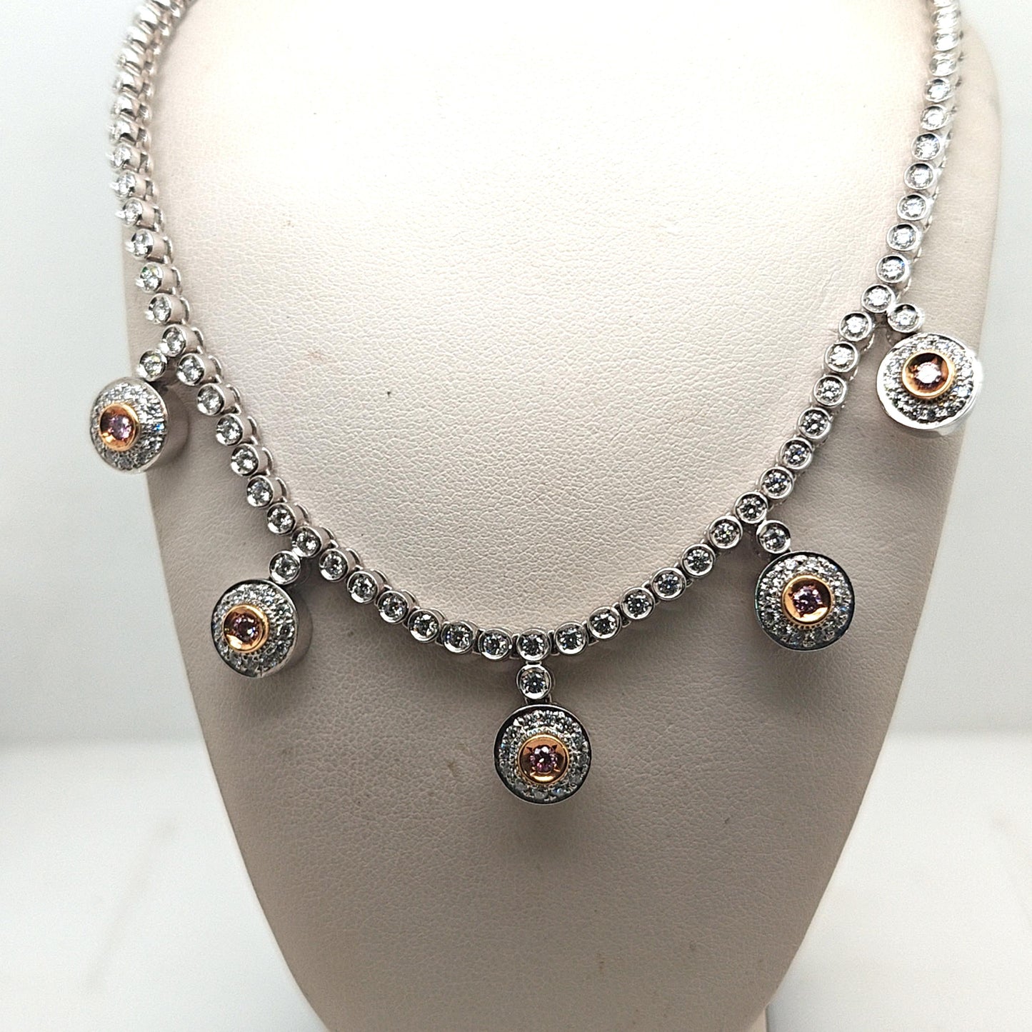 DIAMOND HALO DROP NECKLACE WITH PINK DIAMONDS WHITE GOLD