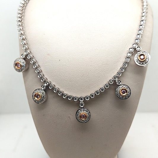 DIAMOND HALO DROP NECKLACE WITH PINK DIAMONDS WHITE GOLD