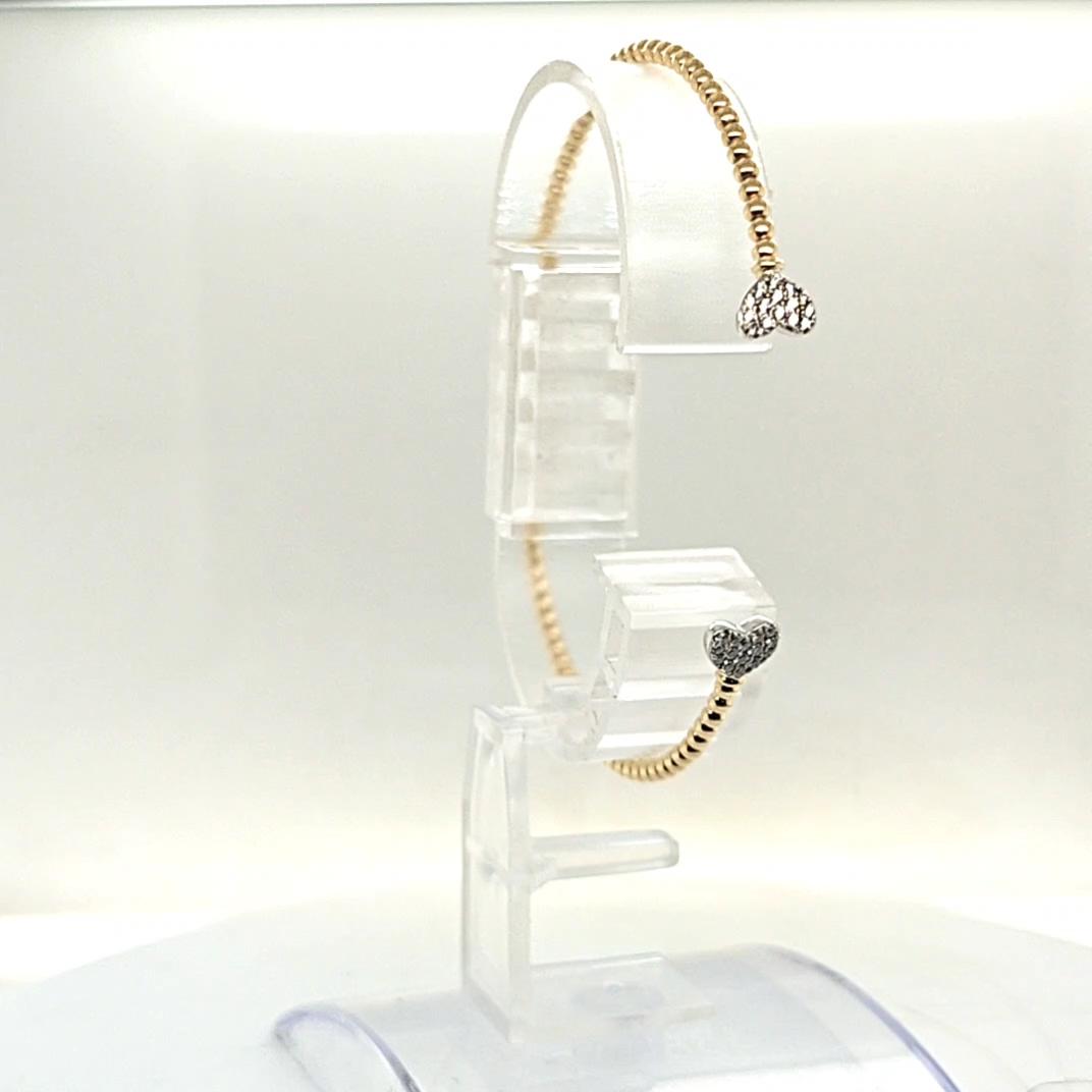 FLEXIBLE BEAD BANGLE CUFF BRACELET WITH DIAMOND HEART ENDS YELLOW GOLD