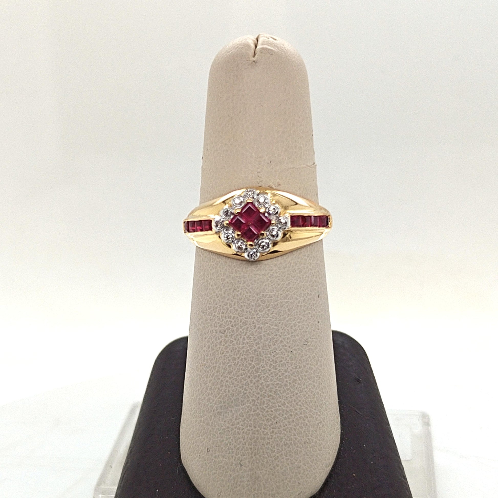 RUBY AND DIAMOND HALO RING YELLOW GOLD