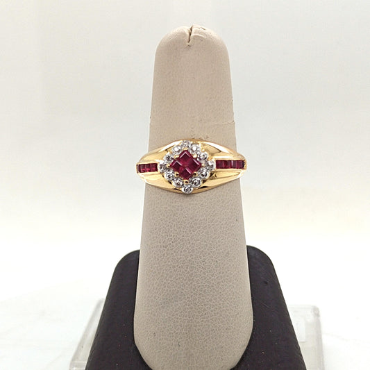 RUBY AND DIAMOND HALO RING YELLOW GOLD
