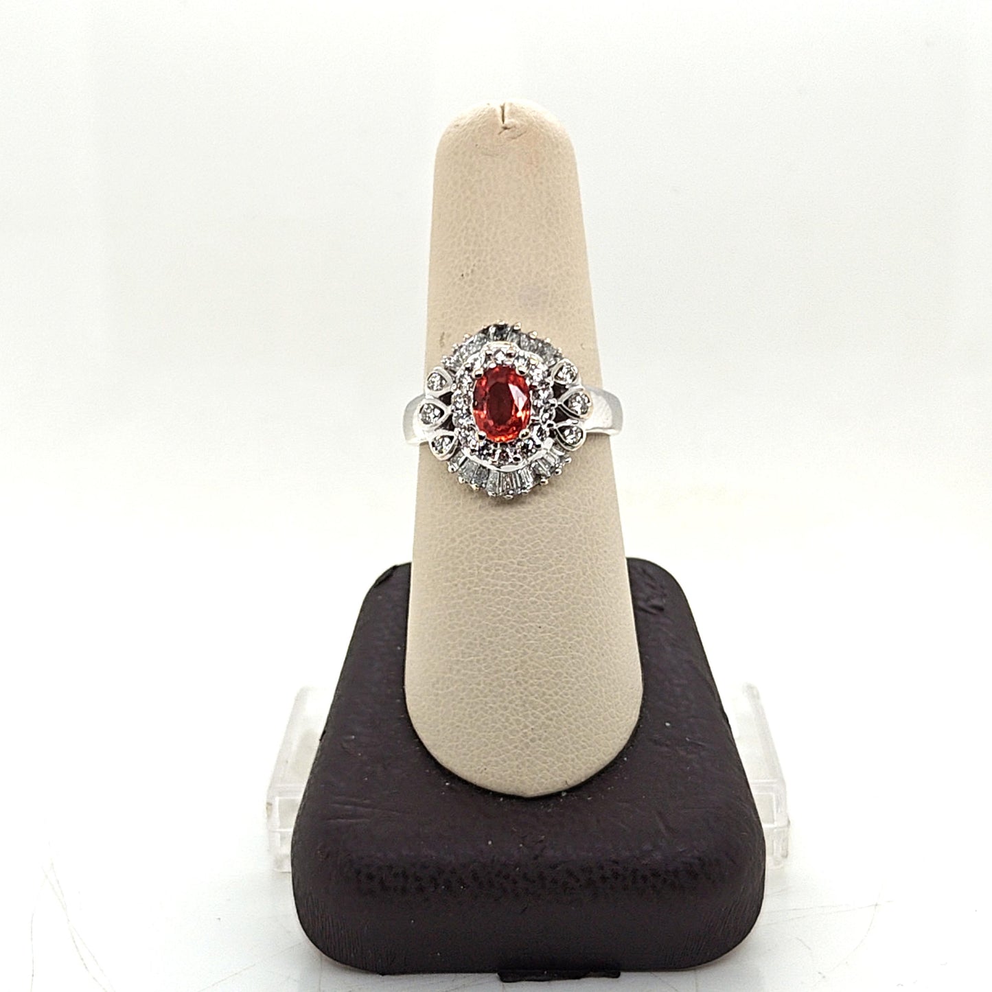 DIAMOND AND ORANGE SAPPHIRE CLUSTER RING WHITE GOLD