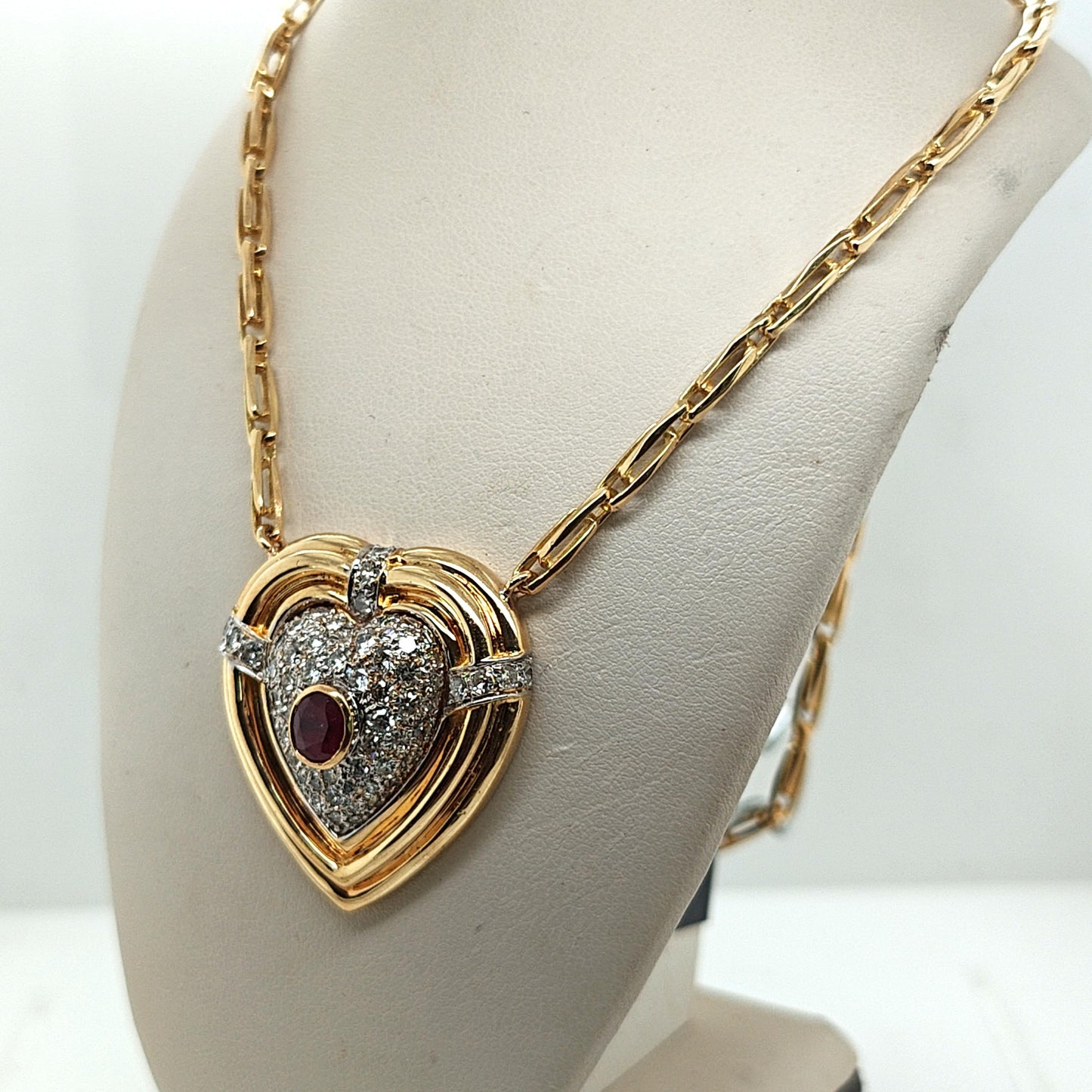 PAVE DIAMOND AND RUBY HEART PENDANT NECKLACE 1.10CTW YELLOW GOLD