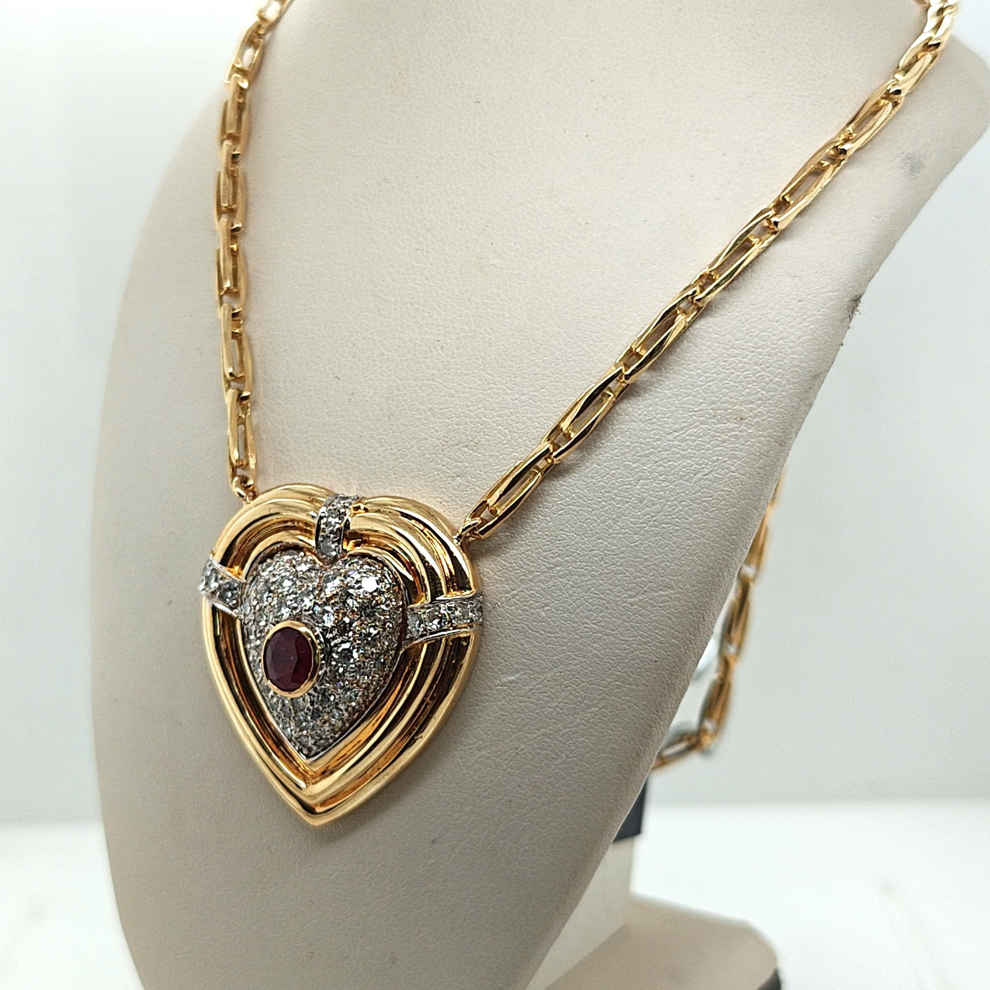 PAVE DIAMOND AND RUBY HEART PENDANT NECKLACE 1.10CTW YELLOW GOLD