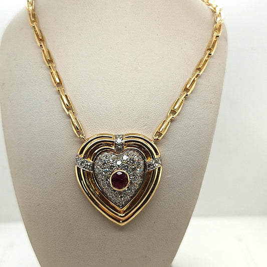 PAVE DIAMOND AND RUBY HEART PENDANT NECKLACE 1.10CTW YELLOW GOLD